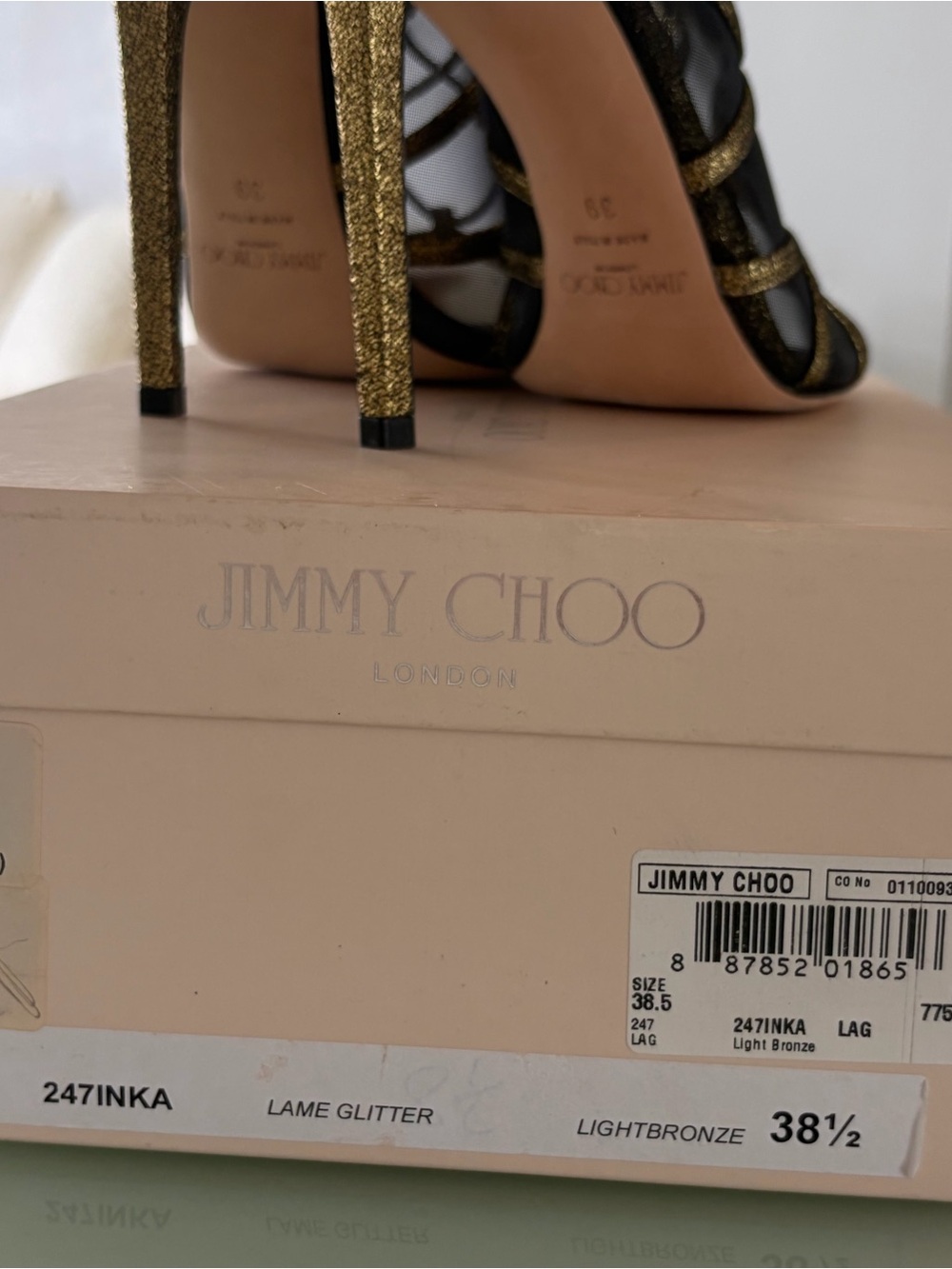 Jimmy Choo Gold Glitter Lace-Up Mesh Stiletto Sandals - Picture 3 of 8